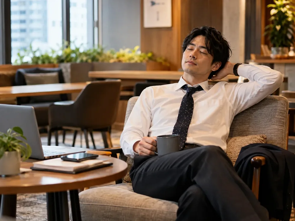 仕事から離れて静かな空間で休む社員のイメージ
